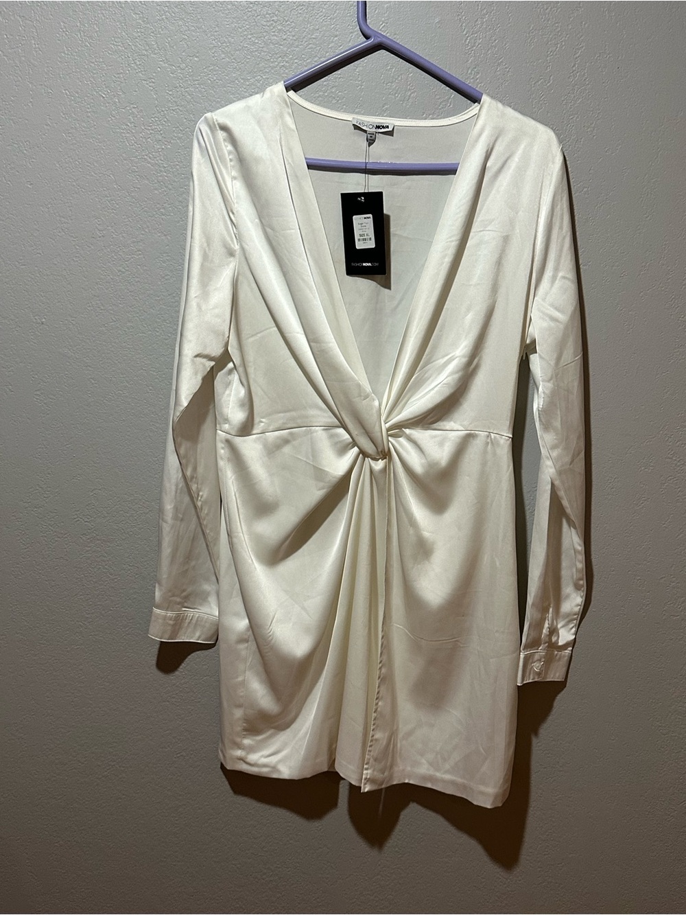 Fashion Nova White Twist-Front Long Sleeve Mini Dress